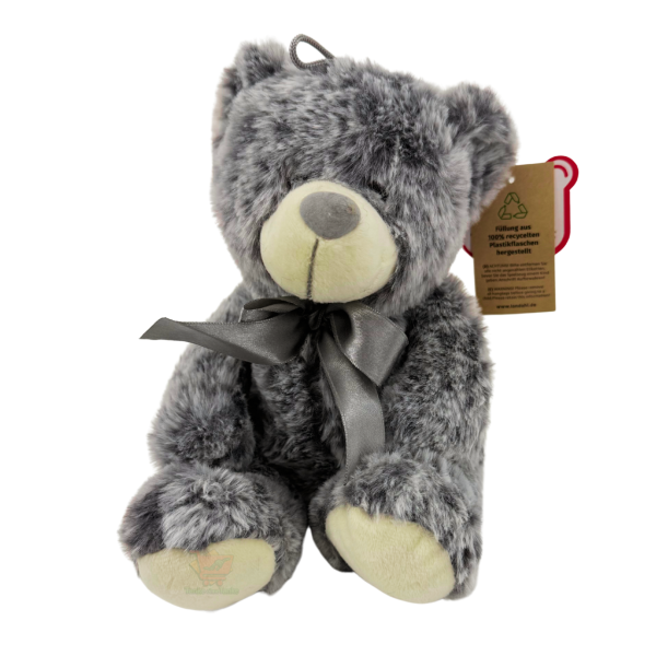 Grauer Plüschbär mit Schleife ca. 18 cm – kuscheliges Kuscheltier im neutralen Geschenk-Look, ideal als Mitbringsel oder Aufmerksamkeit.